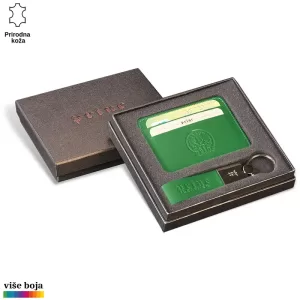 Poklon set od zelene prirodne kože sa novčanikom i privezak za ključeve