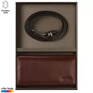 Braon kožni set brenda Princ Leather koji sadrži kaiš i novčanik u kutiji