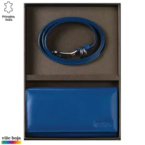 Plavi kožni kaiš i novčanik od Princ Leather u elegantnoj poklon kutiji.