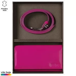 Kožni set u poklon kutiji koji sadrži ljubičasti kaiš i novčanik