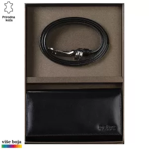Kožni remen i novčanik Princ Leather u elegantnom crnom poklon pakovanju.