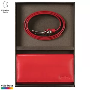 Crveni kožni kaiš i novčanik u kutiji