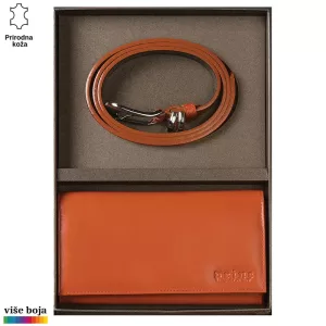 Kožni set Princ Leather koji sadrži narandžasti kaiš sa metalnom kopčom i novčanik