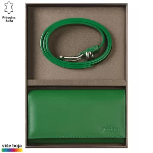 Zeleni kožni kaiš i novčanik u poklon kutiji