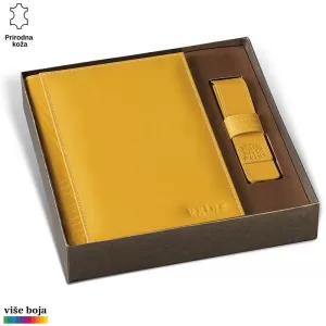 Žuti kožni notes i futrola za olovke u kutiji