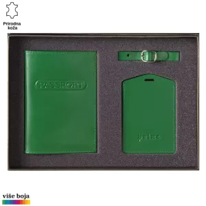 Zeleni kožni set koji uključuje futrolu za pasoš