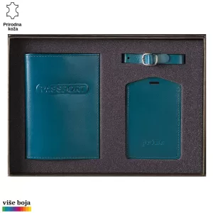 Set torbica za pasoš i etiketa za prtljag od kože u plavoj boji Princ Leather sa narukvicom. U kutiji sa postavom.