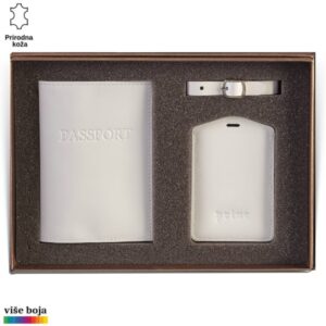 Princ Leather kožni dvodelni set za putovanje tag za kofer i futrola za pasoš, boje bele