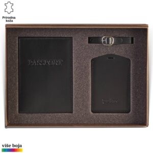 Princ Leather kožni dvodelni set za putovanje tag za kofer i futrola za pasoš, boje crne