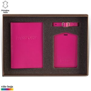 Princ Leather kožni dvodelni set za putovanje tag za kofer i futrola za pasoš, boje roze