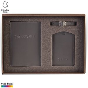 Princ Leather kožni dvodelni set za putovanje tag za kofer i futrola za pasoš, boje sive