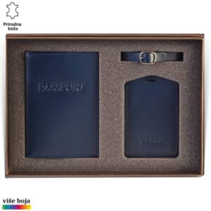 Princ Leather kožni dvodelni set za putovanje tag za kofer i futrola za pasoš, boje teget