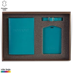Princ Leather kožni dvodelni set za putovanje tag za kofer i futrola za pasoš, boje tirkizne
