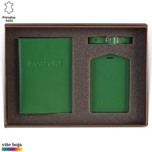 Princ Leather kožni dvodelni set za putovanje tag za kofer i futrola za pasoš, boje zelene