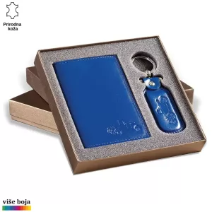 Plavi kožni notes i privezak za ključeve u poklon kutiji