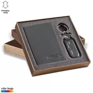 Elegantan poklon set sa crnim kožnim novčanikom i priveskom