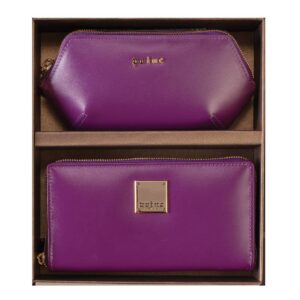 Purple leather wallet and makeup bag set by Princ Leather in a gift box.
