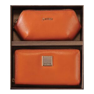 Narandžasti kožni set torbice i novčanika brenda Princ Leather u elegantnoj kutiji.