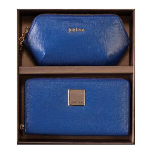 Plavi neseser i novčanik sa brendom Princ Leather u poklon kutiji.
