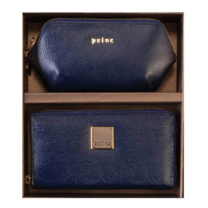 Plava torbica i novčanik od kože brenda Princ Leather u kutiji.