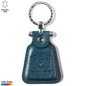 Princ Leather privjesak od plave prirodne kože sa graviranim logotipom i metalnim prstenom.