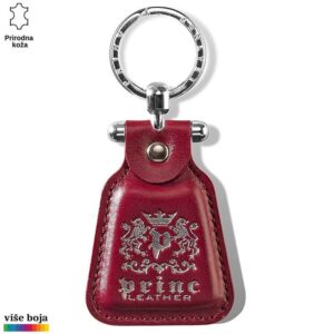 Crveni kožni privezak sa detaljnom izradom i logom Princ Leather.