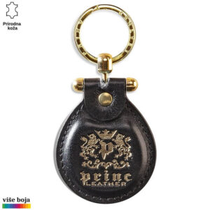 Crni kožni privezak sa natpisom "Princ Leather" u zlatnoj boji