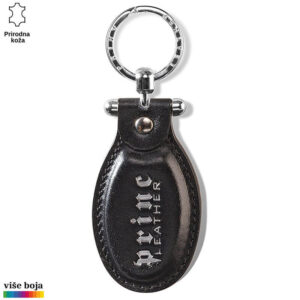 Elegantni crni kožni privezak brenda Princ Leather sa metalnim detaljima i prstenom.