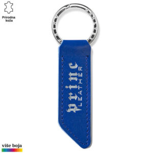 Plavi kožni privezak Princ Leather sa metalnim prstenom i natpisom brenda.