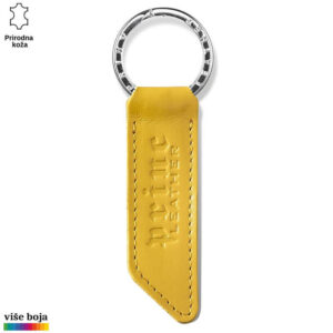 Žuti kožni privezak sa logotipom Princ Leather na metalnom prstenu.