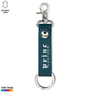 Privlačan privezak od prave kože u tamnozelenoj boji sa natpisom "Princ Leather" i metalnom kukom.