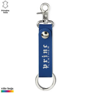Plavi kožni privezak sa metalnim karabinerom i prstenom