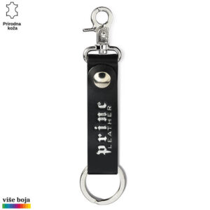 Crni kožni privezak sa metalnim karabinjerom i prstenom