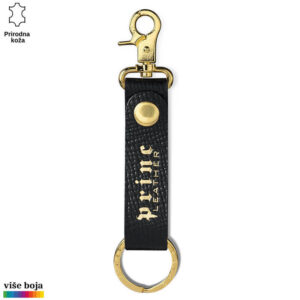 Crni kaiš za ključeve od prirodne kože sa zlatnim detaljima. Natpis "Princ Leather" na kaišu.