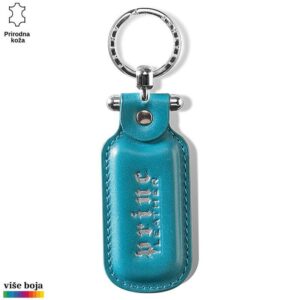 PRIVEZAK OD KOŽE PRAVOUGAONI 14 Tirkizni kožni privezak sa logom brenda Princ Leather i metalnim prstenom.