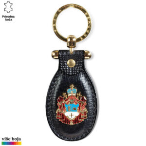 Zlatni privezak sa crnim kožnim dodatkom i grbom u crveno-plavoj boji