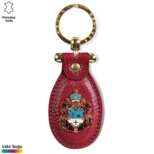 Crveni kožni privezak sa metalnim grbom i zlatnim prstenom