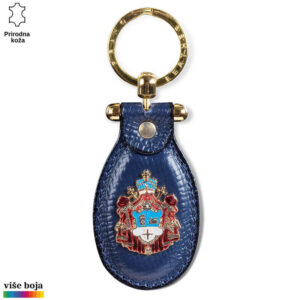 Plavi kožni privezak sa zlatnim prstenom i grbom