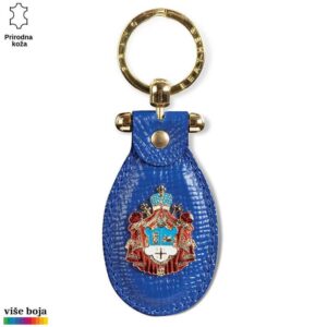 Plavi kožni privezak sa zlatnim prstenom i grbom u crvenim i plavim bojama