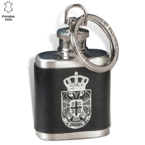 Kožna pljoska sa grbom Srbije i metalnim prstenom za privezak