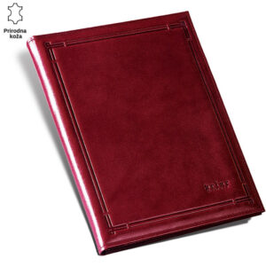 Crveni kožni rokovnik Princ Leather sa glatkom teksturom i ugraviranim logotipom. Prikazana prirodna koža.