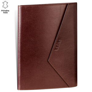 Braon kožna futrola sa logotipom Princ Leather na desnoj strani.