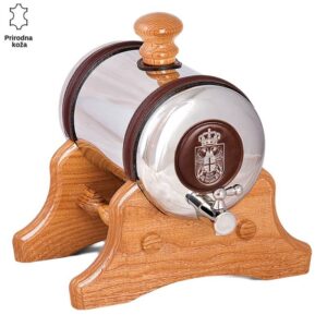 Polirana metalna burad sa drvenim postoljem i detaljima od prave prirodne kože