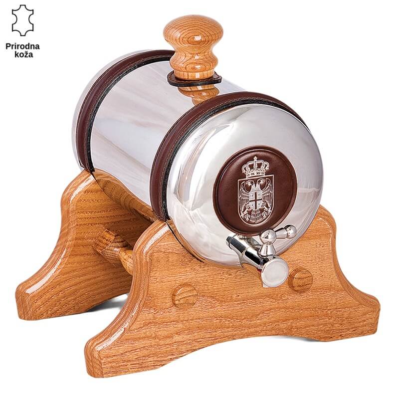 P526-1 Polirana metalna burad sa drvenim postoljem i detaljima od prave prirodne kože