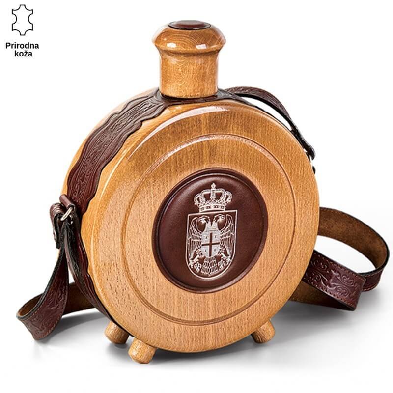 P533-1 Okrugli drveni čutur sa kožnim kajišem i grbom Srbije