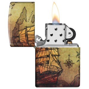 Zippo upaljač Pirate Ship, žute boje a na njemu oslikan piratski brod otvoren i upaljen