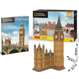 Kutija slagalice "Big Ben" marke Cubic Fun sa modelom zgrade i knjigom "Londres London" iz serije National Geographic.