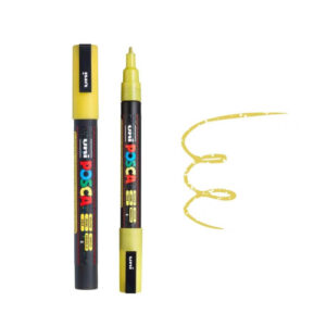Žuti Posca marker sa otvorenim poklopcem i uzorkom žute boje na beloj pozadini.