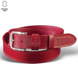 Crveni kožni kaiš brenda Princ Leather sa srebrom kopčom.