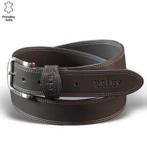 Crni kožni pojas Princ Leather sa urezanom oznakom brenda.